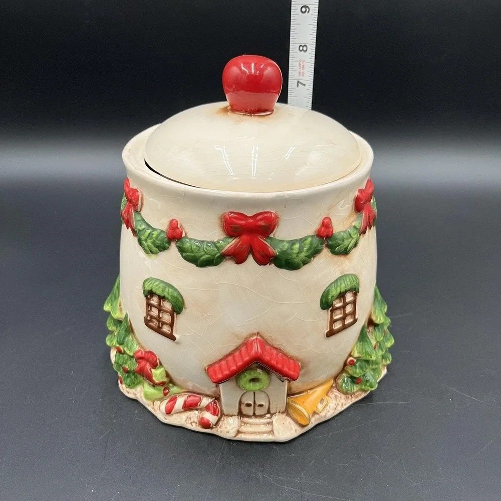 Cookie Jar Gingerbread House Trees Bows Candy Cane Crackle Effect Christmas
